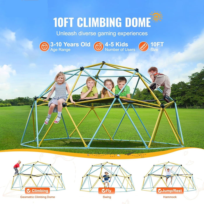 10FT Geometric Dome Climber with Hammock and Swing Supports 750LBS for Kids 3 to 10 Years Old