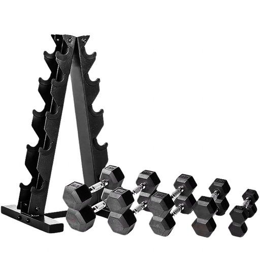 150 LB Coated Hex Dumbbell Weight Set with Vertical Rack