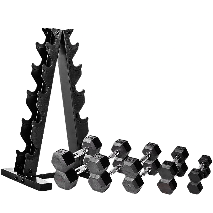 150 LB Coated Hex Dumbbell Weight Set with Vertical Rack