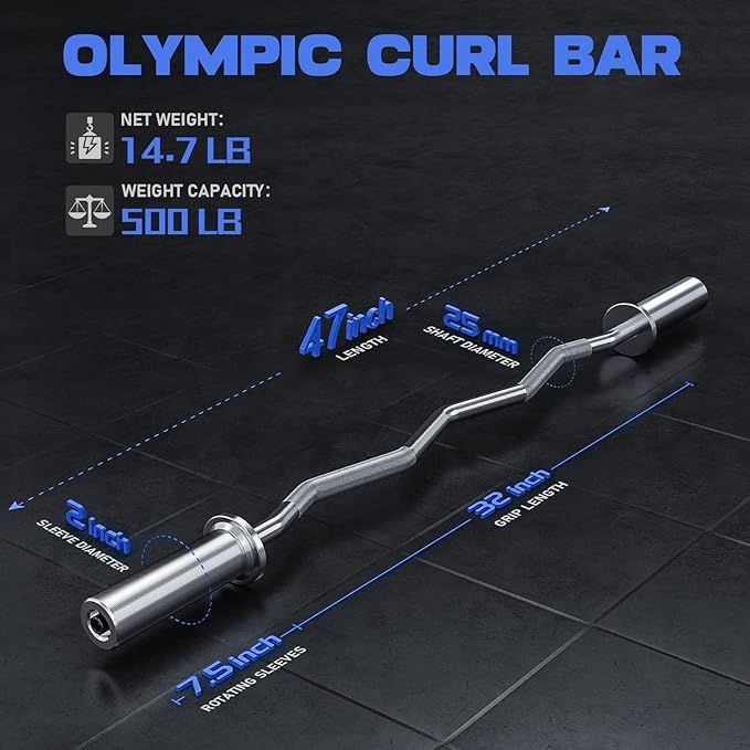 47" EZ Curl Bar for Weight Lifting with 2 Inch Plate Compatibility and Spring Collars