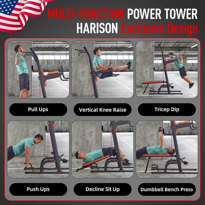 Multifunction Power Tower with Bench Heavy Duty Pull Up Bar Dip Station for Home Gym Workout