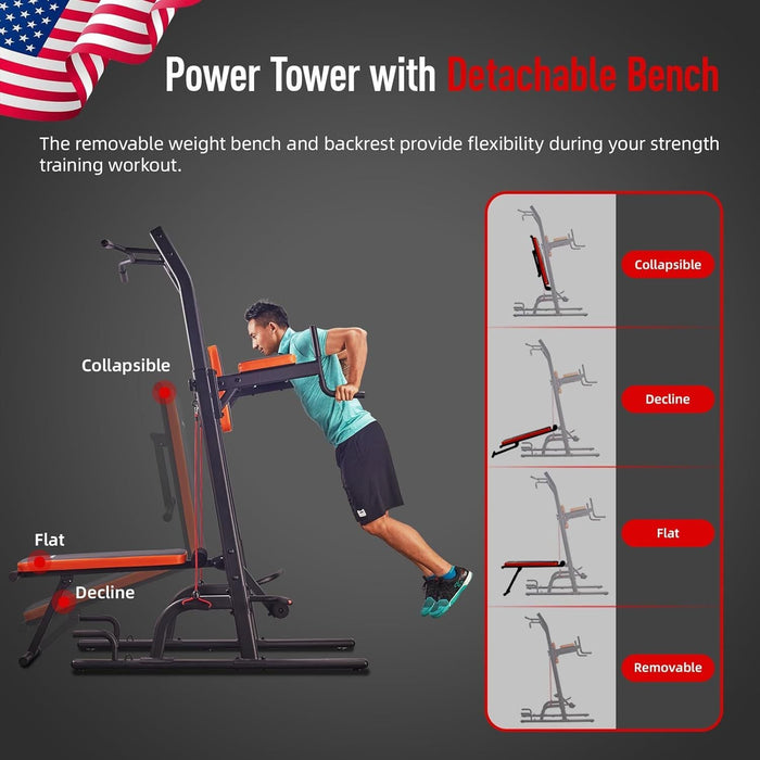 Multifunction Power Tower with Bench Heavy Duty Pull Up Bar Dip Station for Home Gym Workout