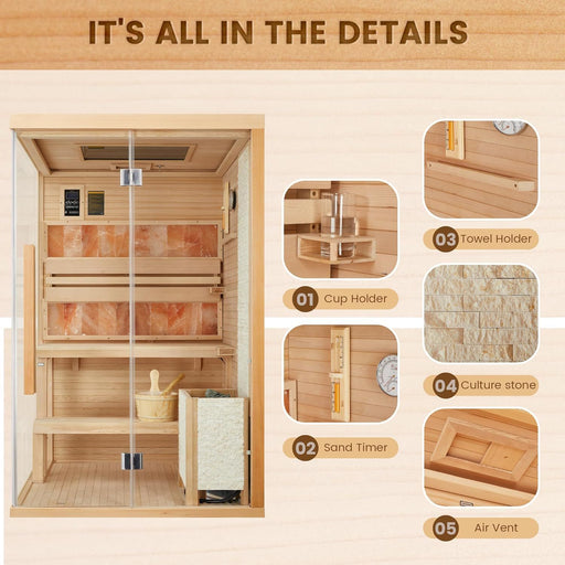 Traditional Steam Sauna for 2-4 People with Stove Heater Himalayan Salt Bricks and Dynamic Lights